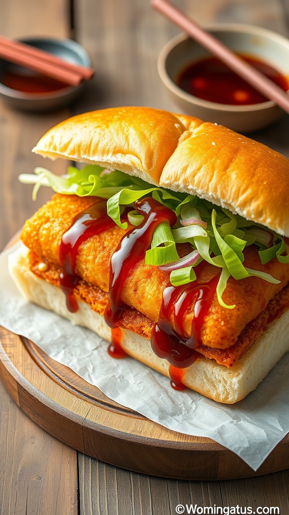 A Katsu Sandwich with crispy pork cutlet, cabbage, and tonkatsu sauce on soft bread, on a wooden table with sauce and chopsticks.